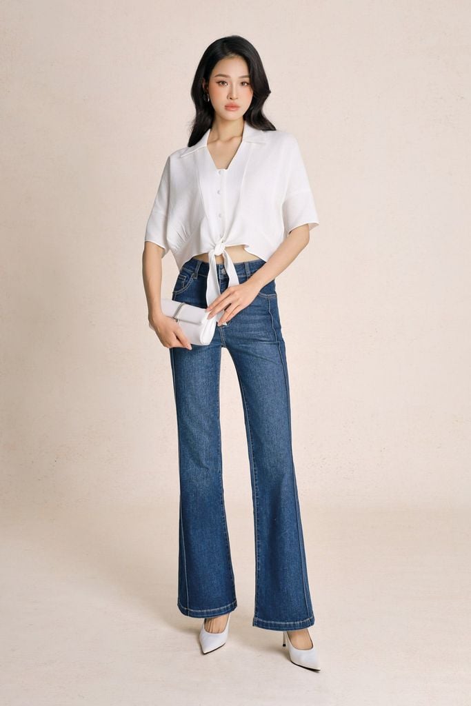 FAS14113 - Áo sơ mi dạo phố vải thô đũi dáng croptop cổ bẻ tay lửng gấu áo phối vạt thắt tạo kiểu - PANTIO