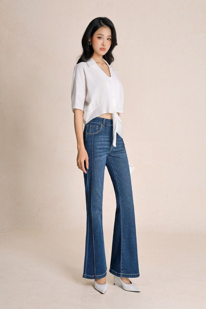 FAS14113 - Áo sơ mi dạo phố vải thô đũi dáng croptop cổ bẻ tay lửng gấu áo phối vạt thắt tạo kiểu - PANTIO