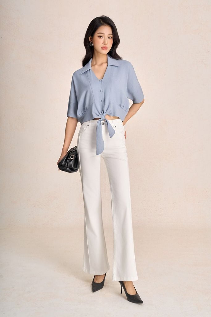 FAS14113 - Áo sơ mi dạo phố vải thô đũi dáng croptop cổ bẻ tay lửng gấu áo phối vạt thắt tạo kiểu - PANTIO