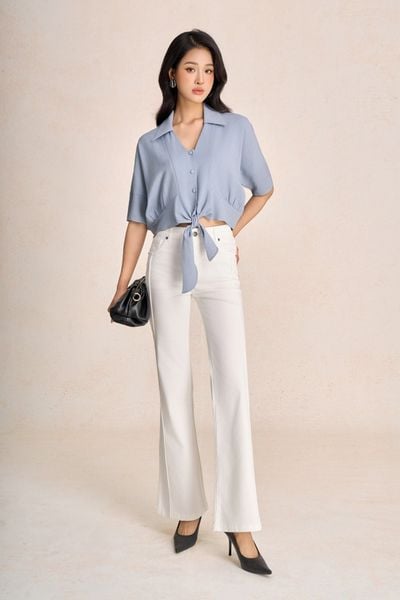 FAS14113 - Áo sơ mi dạo phố vải thô đũi dáng croptop cổ bẻ tay lửng gấu áo phối vạt thắt tạo kiểu - PANTIO