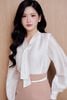 FAS14115 - Áo sơ mi kiểu công sở vải tơ dáng suông cổ phối vạt cách điệu đính đá tay phồng thời trang - PANTIO