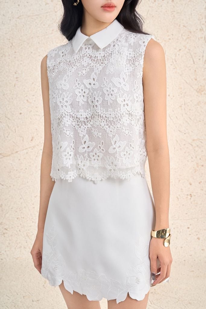 BJN13667 - Chân váy ngắn vải thô dày dáng chữ A cạp cao gấu váy phối ren hoa tạo kiểu - PANTIO