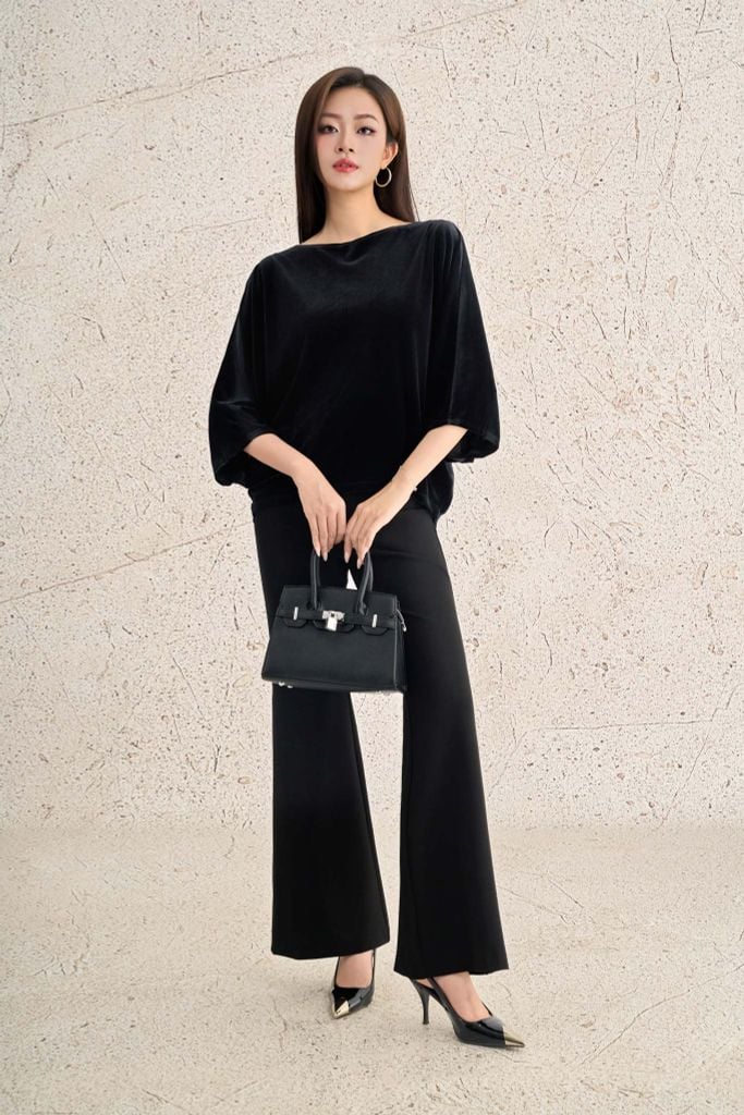 FAS14168 - Áo sơ mi công sở vải nhung dáng suông cổ thuyền tay cánh dơi thời trang thân sau phối khuy đá tạo kiểu - PANTIO