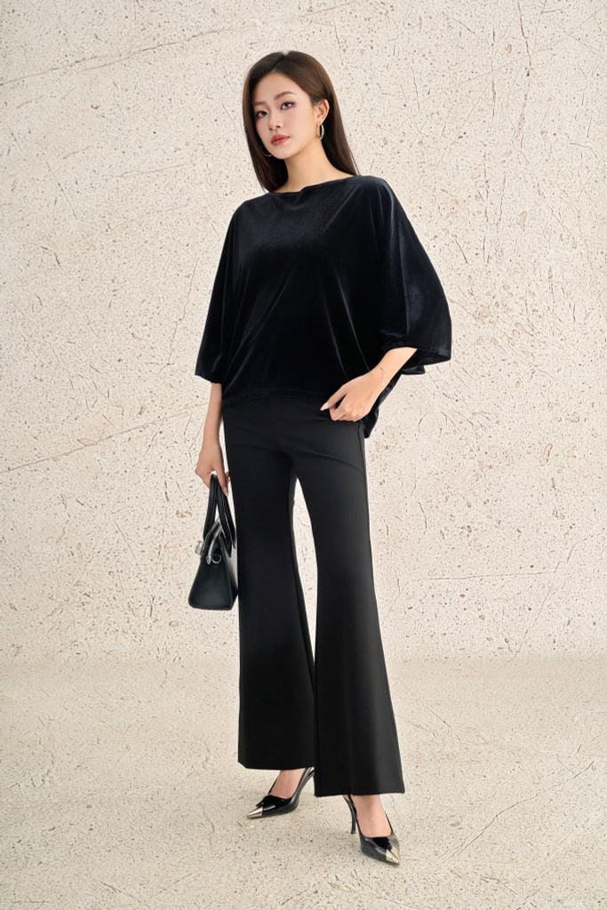 FAS14168 - Áo sơ mi công sở vải nhung dáng suông cổ thuyền tay cánh dơi thời trang thân sau phối khuy đá tạo kiểu - PANTIO