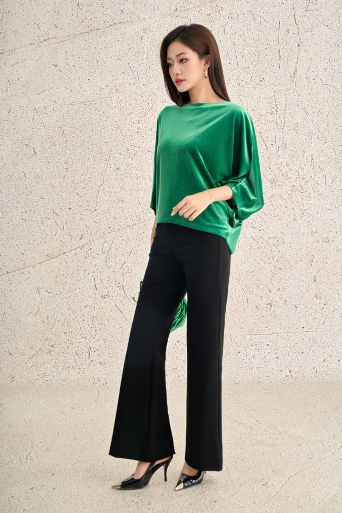 FAS14168 - Áo sơ mi công sở vải nhung dáng suông cổ thuyền tay cánh dơi thời trang thân sau phối khuy đá tạo kiểu - PANTIO