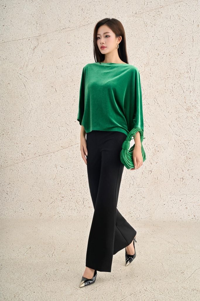 FAS14168 - Áo sơ mi công sở vải nhung dáng suông cổ thuyền tay cánh dơi thời trang thân sau phối khuy đá tạo kiểu - PANTIO