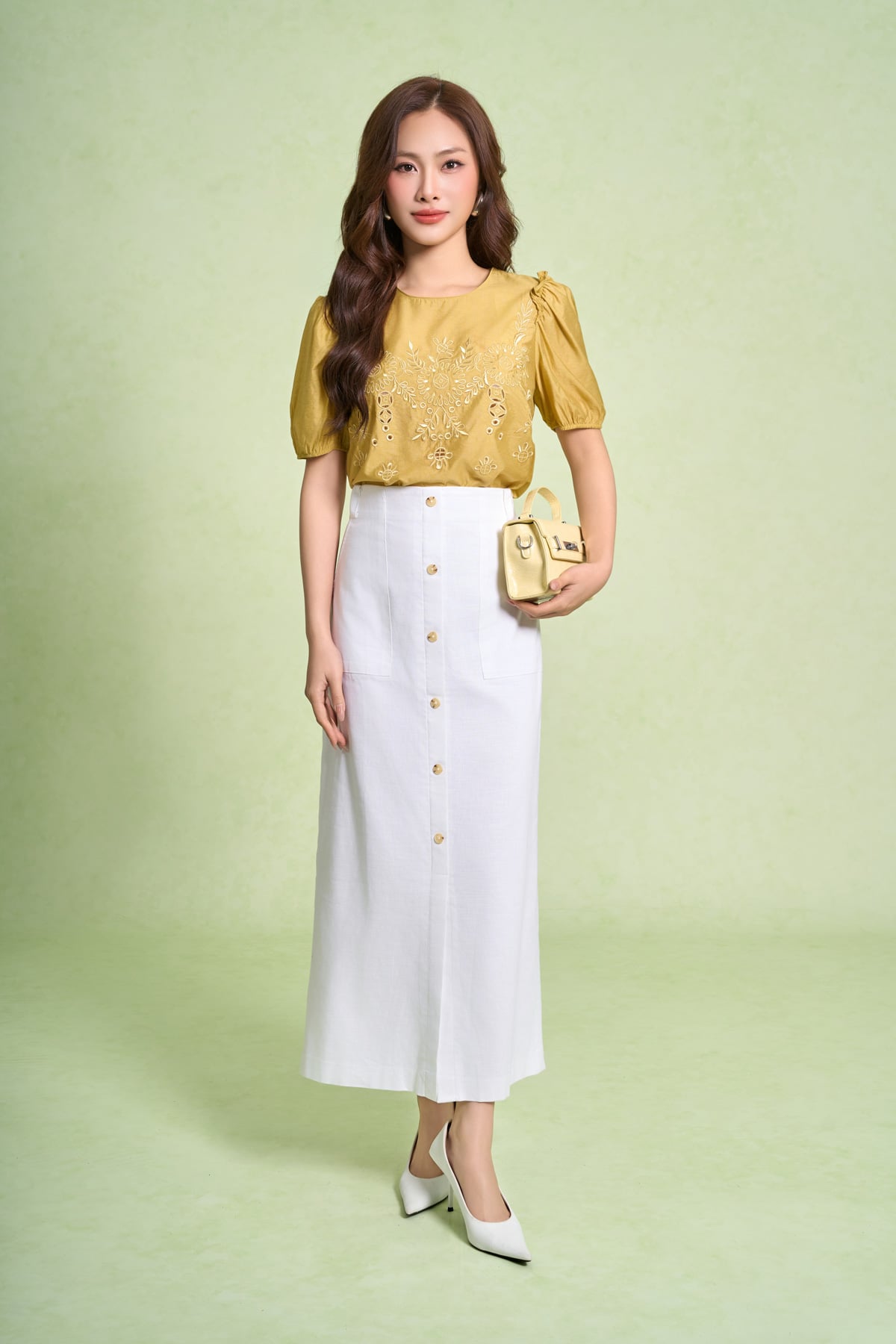 FJD31298 - Chân váy công sở vải linen dáng suông thân phối khuy tạo kiểu khoá thân sau - PANTIO