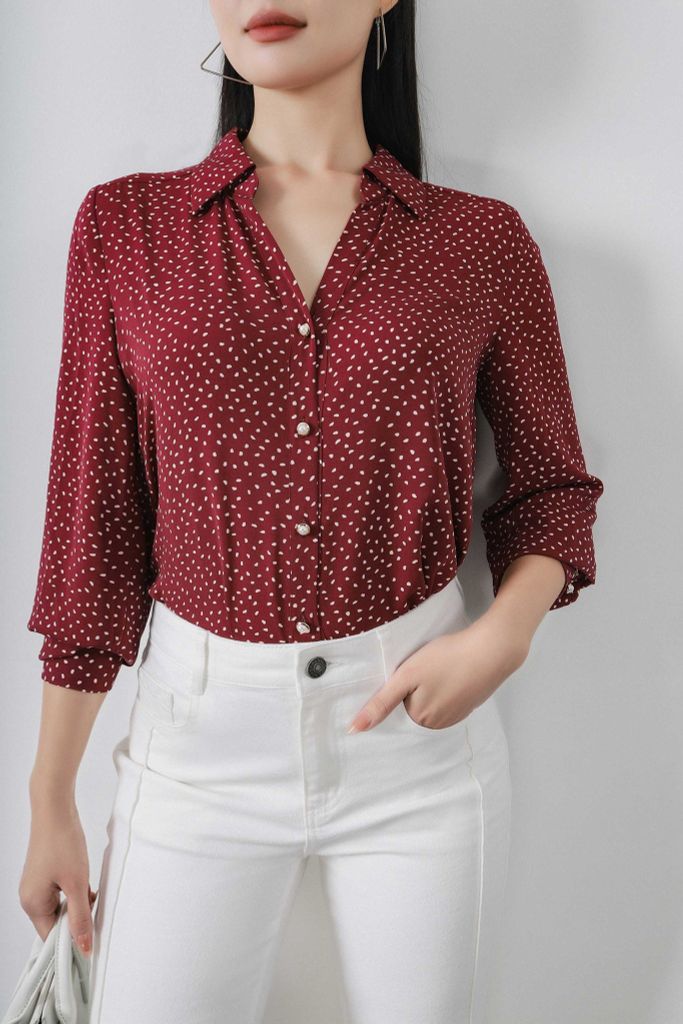 FAS33471 - Áo sơ mi công sở vải phi cát dáng suông cổ đức V sâu cài khuy - PANTIO