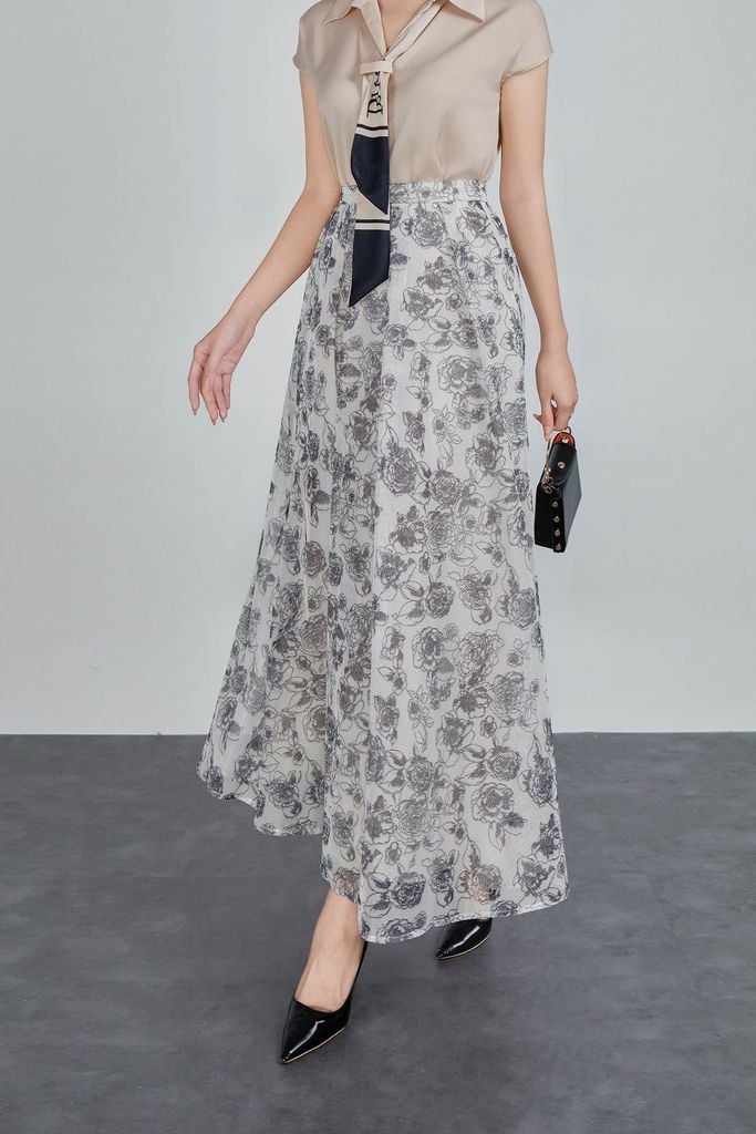 FJD51124 - Chân váy công sở vải lưới dáng xòe có lót vải habutai xếp li bong khóa thân sau - PANTIO