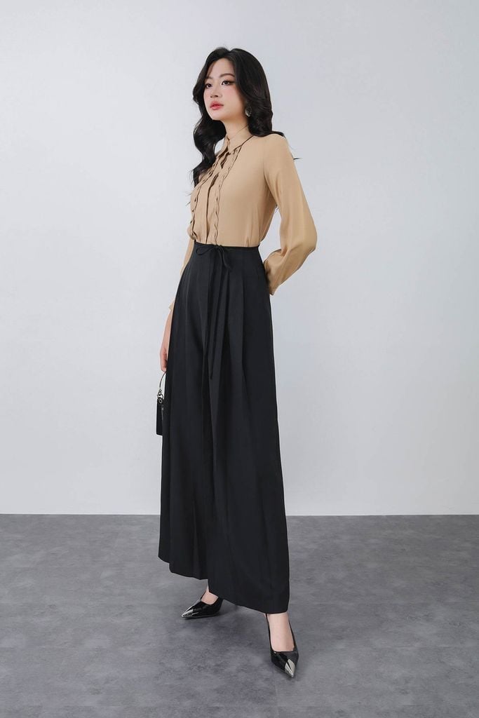 FQD53412 - Quần dài công sở vải thô đũi dáng suông ống rộng eo phối dây thắt nơ tạo kiểu khoá thân sau - PANTIO