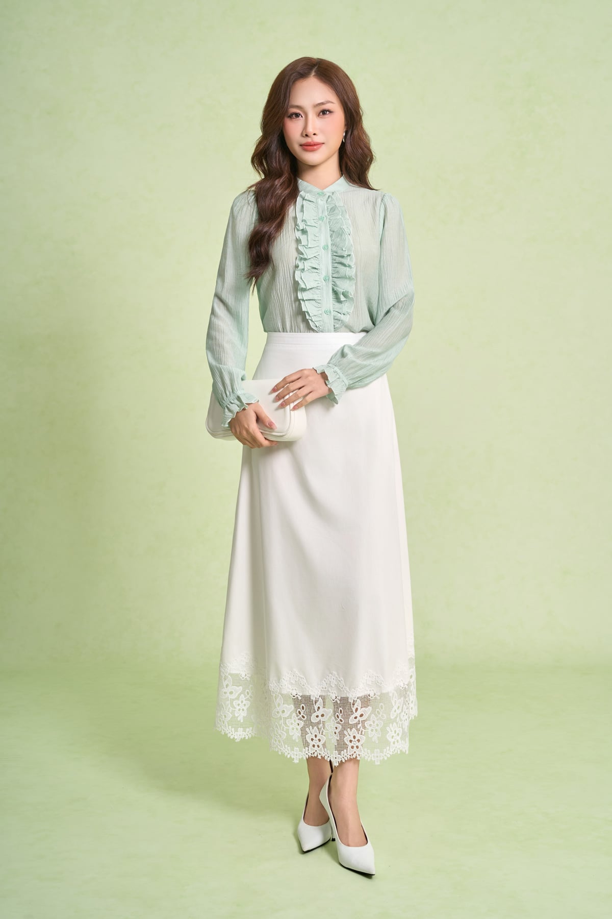 BJD13705 - Chân váy dài công sở vải thô kate dáng suông gấu váy phối ren tạo kiểu - PANTIO