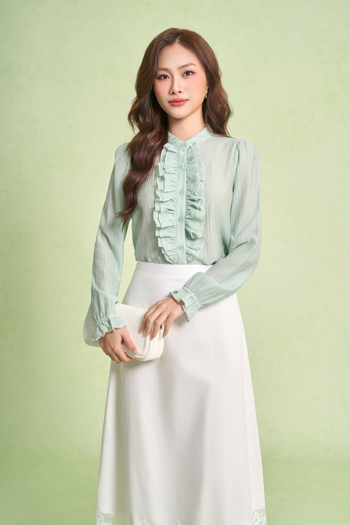 BJD13705 - Chân váy dài công sở vải thô kate dáng suông gấu váy phối ren tạo kiểu - PANTIO