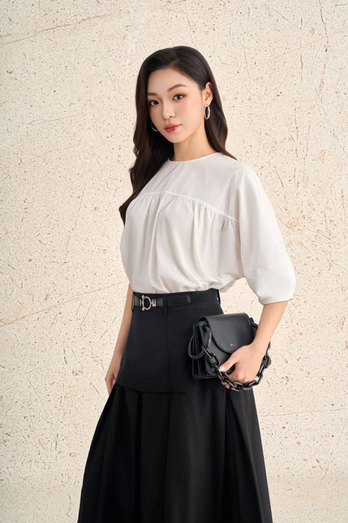 FAS33886 - Áo sơ mi kiểu dạo phố vải thô kate dáng suông cổ tròn tay phồng thời trang - PANTIO