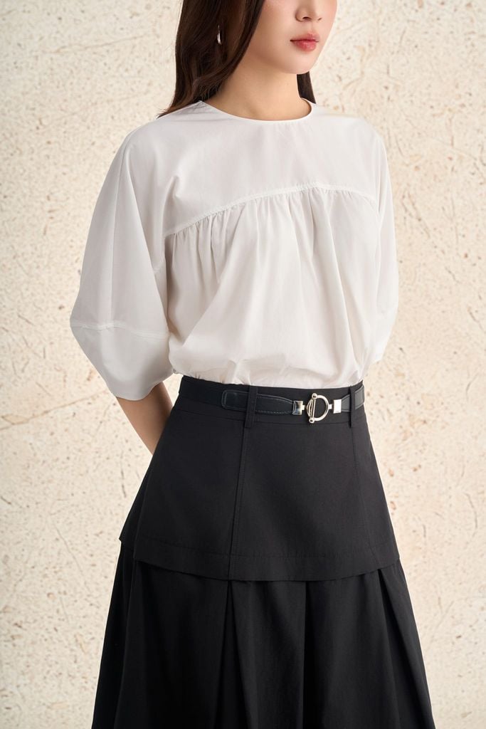 FAS33886 - Áo sơ mi kiểu dạo phố vải thô kate dáng suông cổ tròn tay phồng thời trang - PANTIO