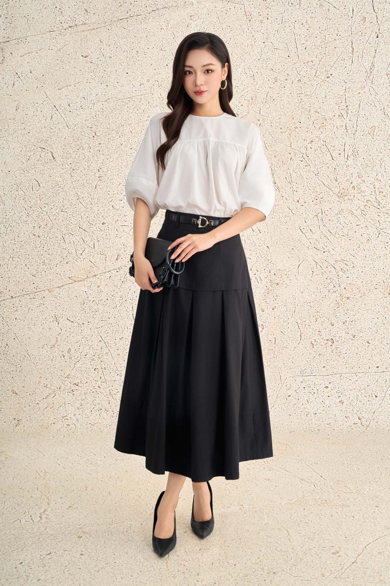 FAS33886 - Áo sơ mi kiểu dạo phố vải thô kate dáng suông cổ tròn tay phồng thời trang - PANTIO