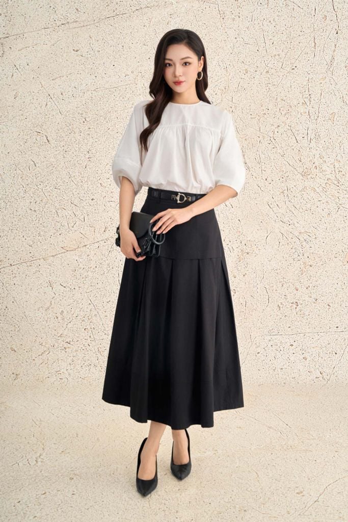 FJD51131 - Chân váy công sở vải Kaki dáng A dài hai lớp lót vải boi eo đáp cạp bản to thân váy xếp ly kèm đai lưng chun khoá thân sau - PANTIO