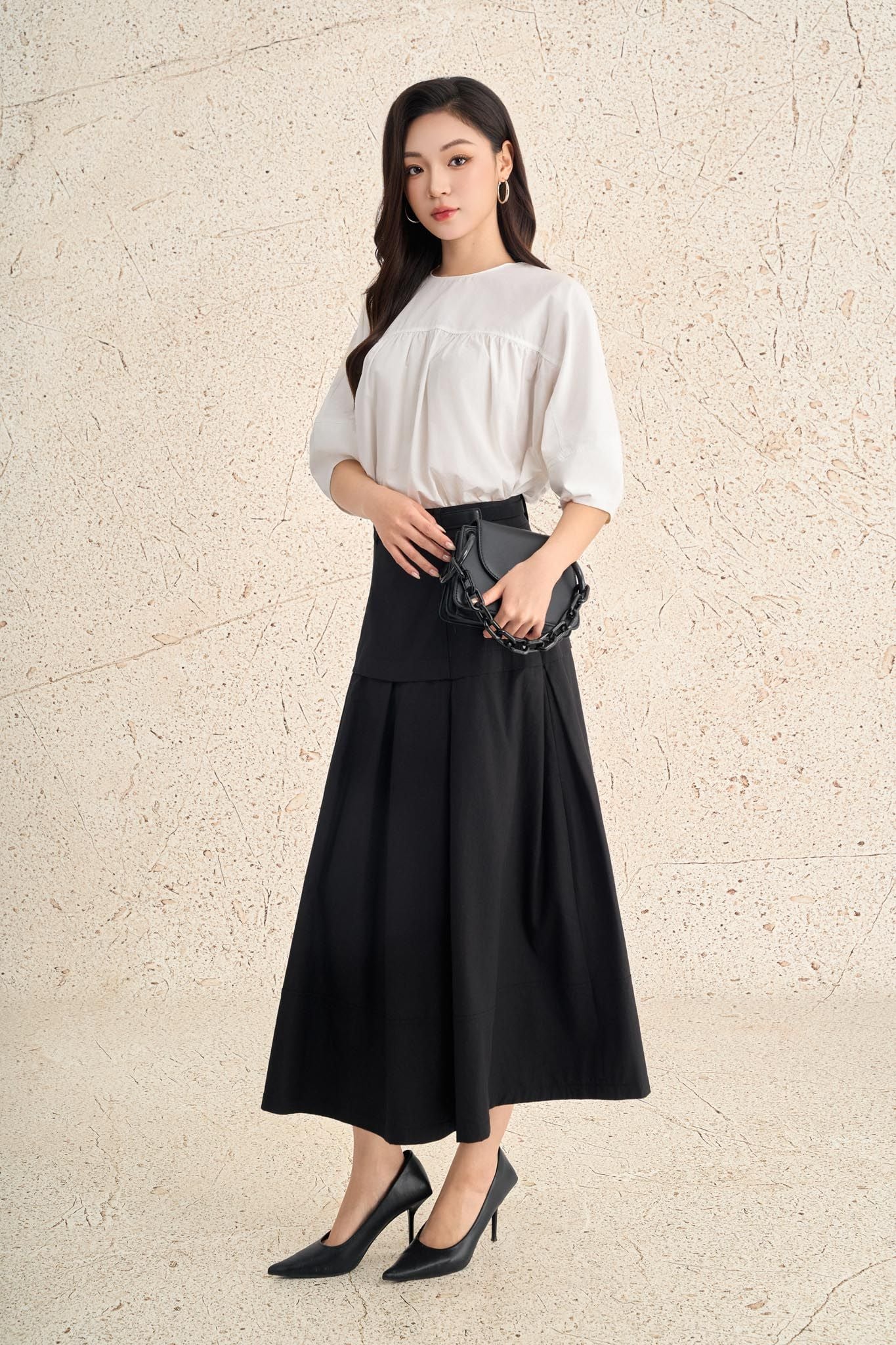 FJD51131 - Chân váy công sở vải Kaki dáng A dài hai lớp lót vải boi eo đáp cạp bản to thân váy xếp ly kèm đai lưng chun khoá thân sau - PANTIO