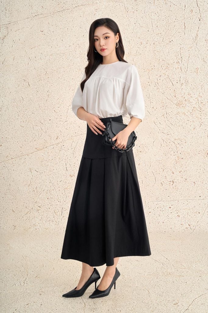 FAS33886 - Áo sơ mi kiểu dạo phố vải thô kate dáng suông cổ tròn tay phồng thời trang - PANTIO