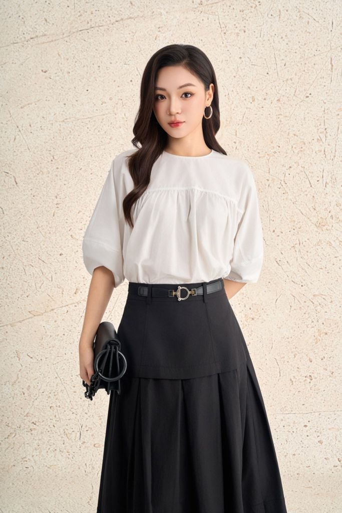 FAS33886 - Áo sơ mi kiểu dạo phố vải thô kate dáng suông cổ tròn tay phồng thời trang - PANTIO