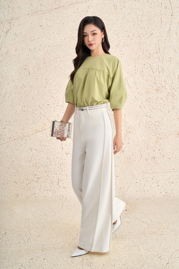 FAS33886 - Áo sơ mi kiểu dạo phố vải thô kate dáng suông cổ tròn tay phồng thời trang - PANTIO