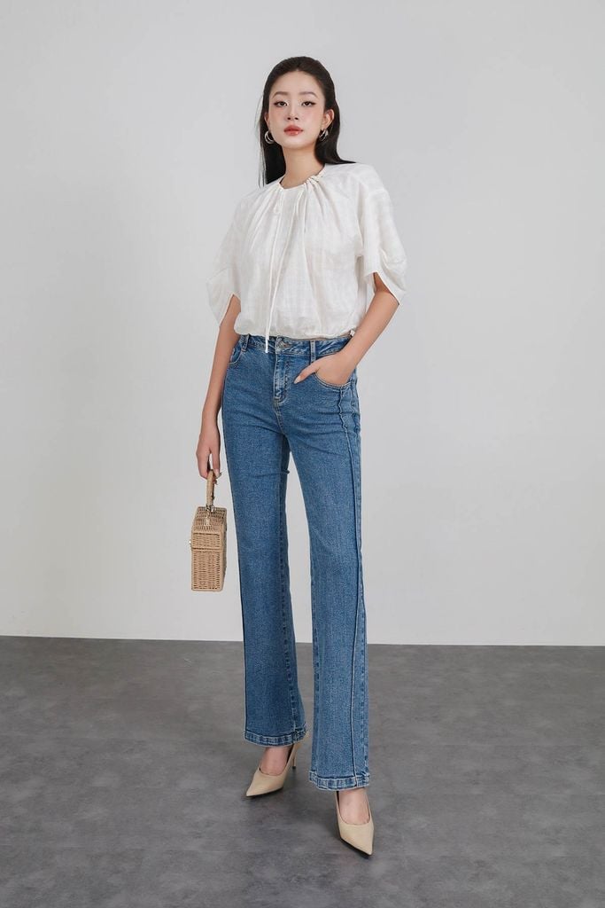 FAS33956 - Áo sơ mi công sở vải thô boi dáng suông cổ tròn đính hạt tay áo nhún phồng tạo kiểu gấu áo bo chun ôm - PANTIO