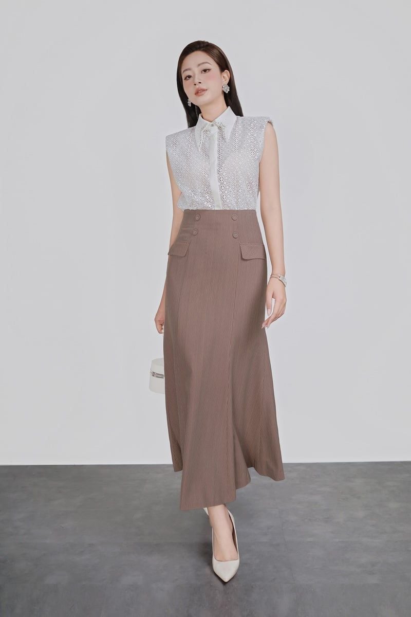 FAS33966 - Áo sơ mi công sở vải ren hoa dáng suông cổ đức đính đá tạo kiểu tay chờm có đệm vai cài khuy thân trước - PANTIO