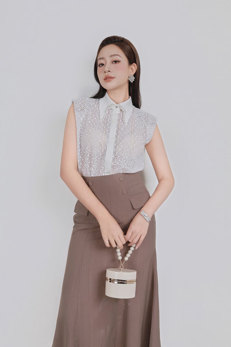 FJD51313 - Chân váy dài công sở vải thô kẻ dáng đuôi cá thân váy đính khuy bọc có nắp túi ốp tạo kiểu - PANTIO