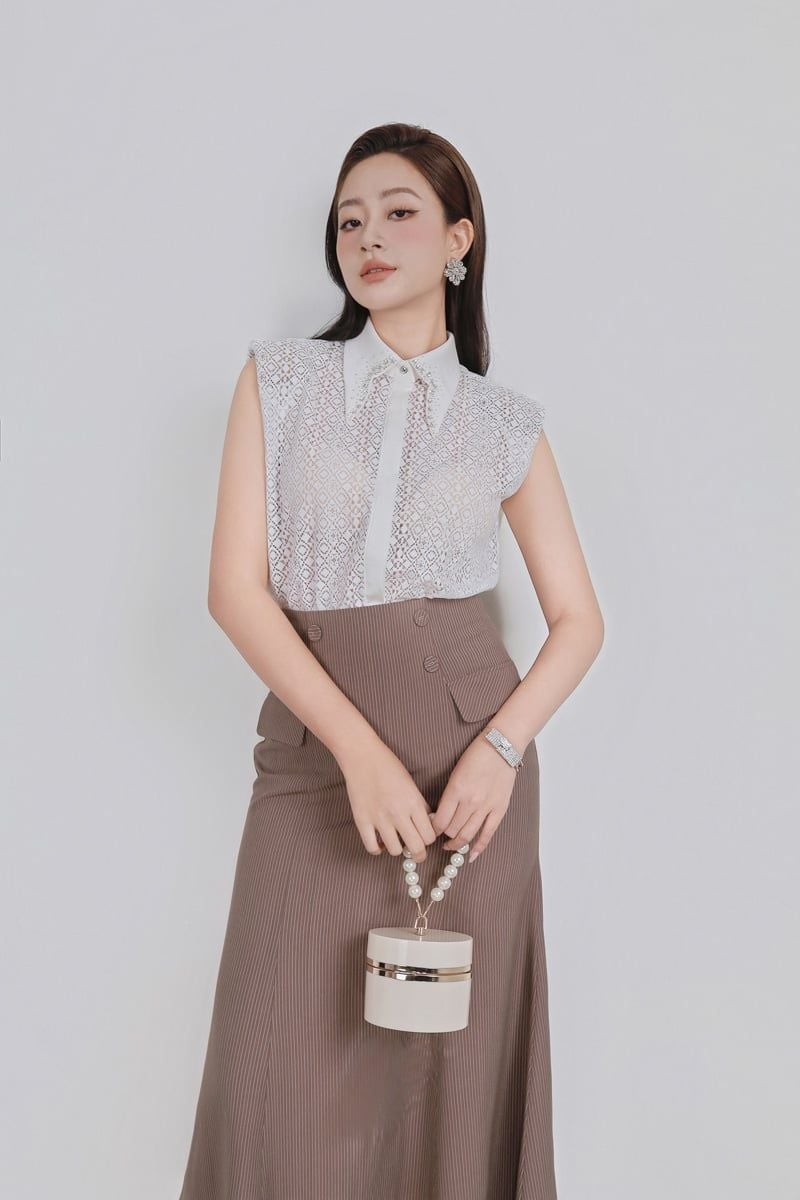 FJD51313 - Chân váy dài công sở vải thô kẻ dáng đuôi cá thân váy đính khuy bọc có nắp túi ốp tạo kiểu - PANTIO