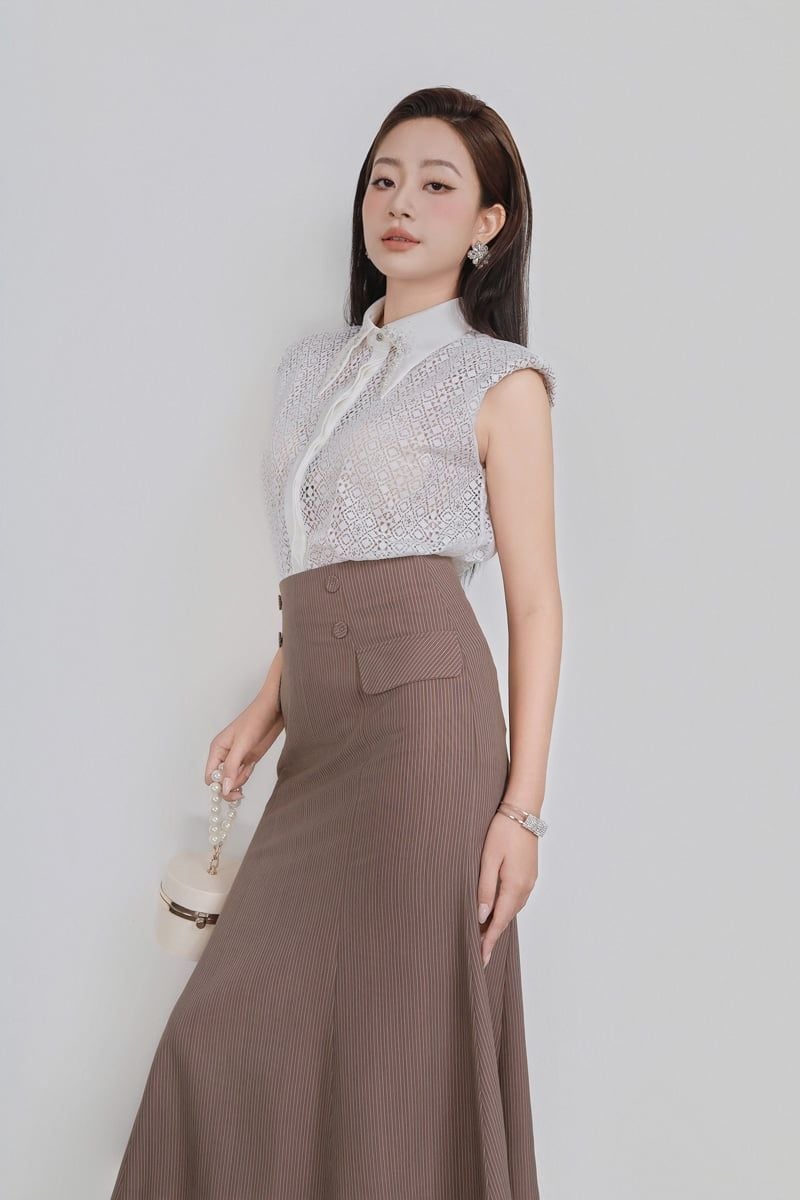 FJD51313 - Chân váy dài công sở vải thô kẻ dáng đuôi cá thân váy đính khuy bọc có nắp túi ốp tạo kiểu - PANTIO