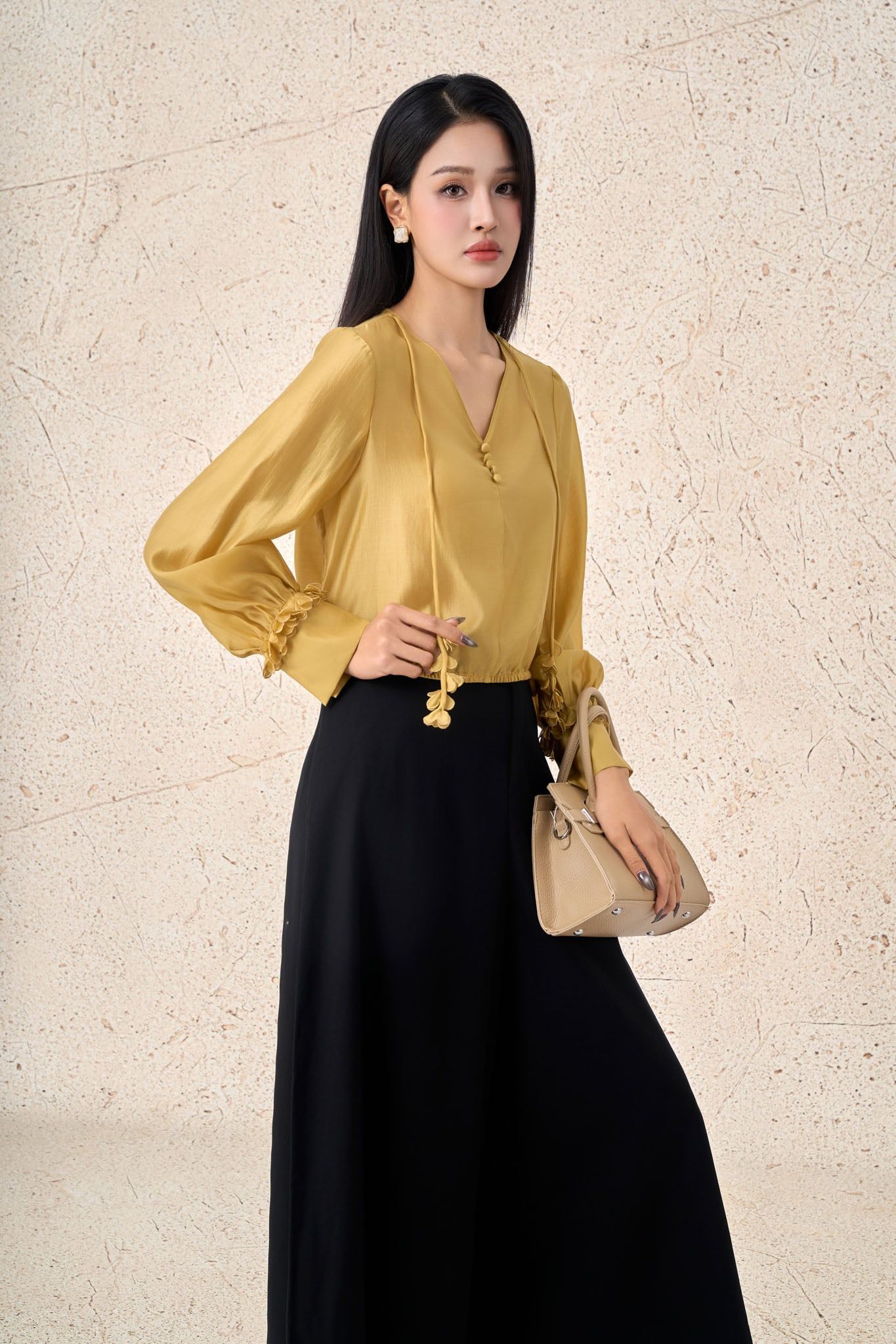 BQD93525 - Quần dài công sở vải thô dáng suông ống rộng thời trang ống quần phối ly tạo kiểu khoá thân trước - PANTIO