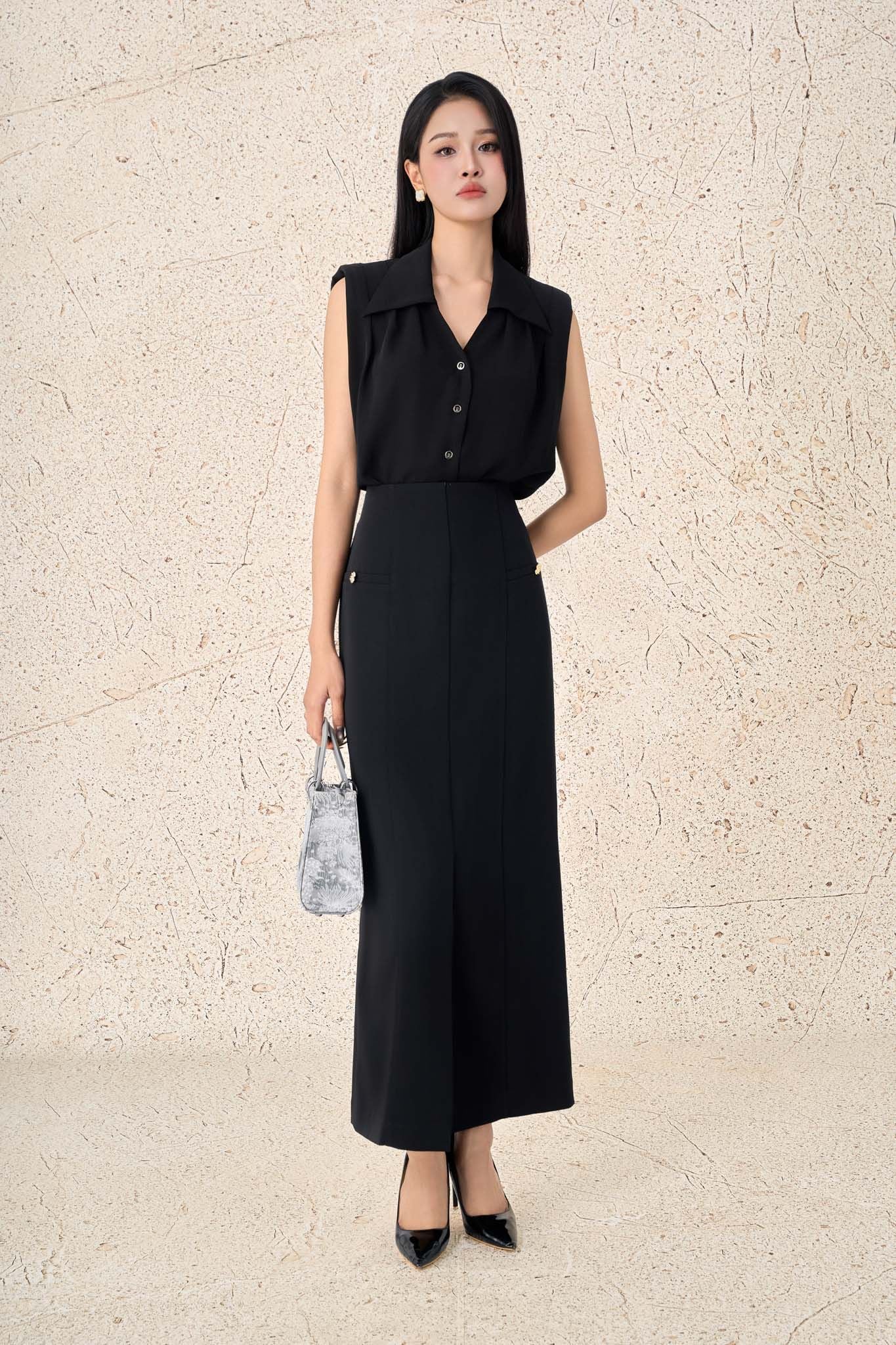 FAS33981 - Áo sơ mi công sở vải tuytsi dáng suông cổ bẻ xẻ V tay chờm thân áo phối khuy tạo kiểu - PANTIO