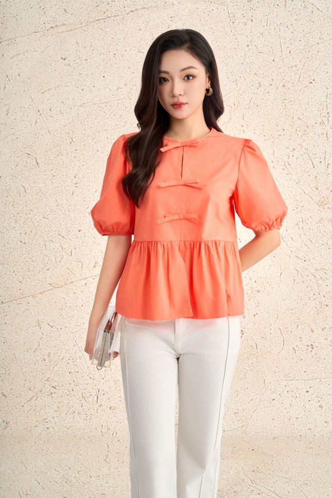 FAS33993 - Áo sơ mi kiểu dạo phố vải thô kate dáng suông cổ tròn tay bồng thân áo đính nơ tạo kiểu gấu áo phối viền thời trang - PANTIO