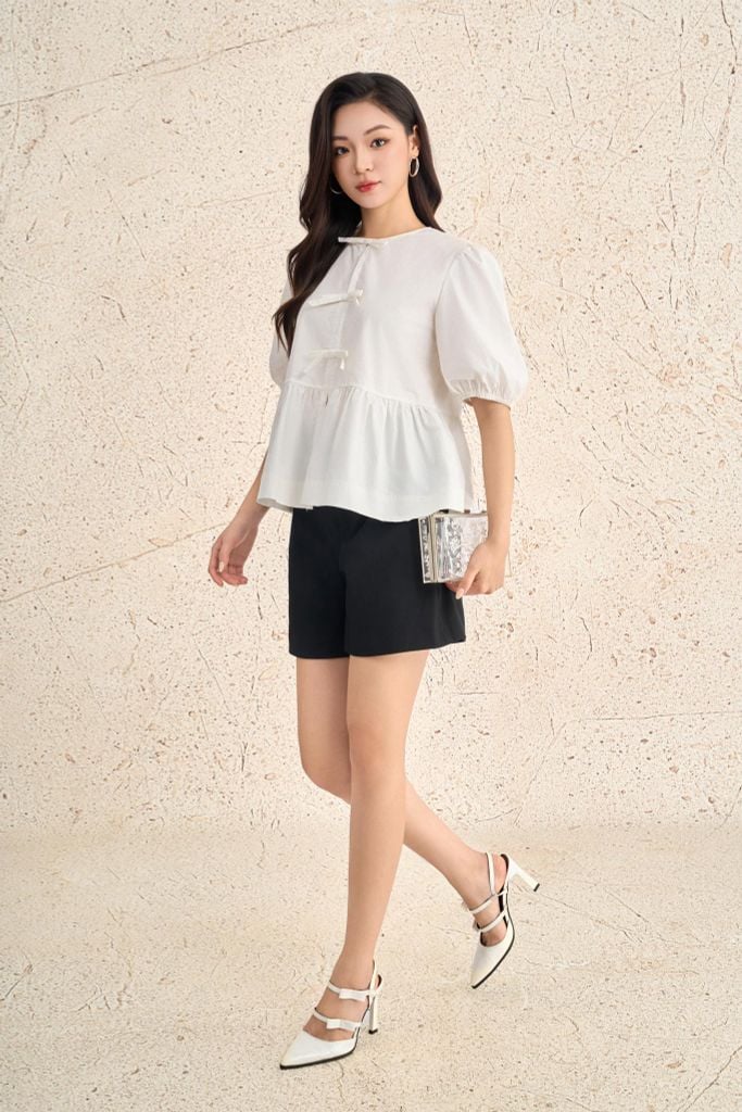 BQN73179 - Quần short vải thô dáng suông cạp phối ly bong khoá thân trước - PANTIO