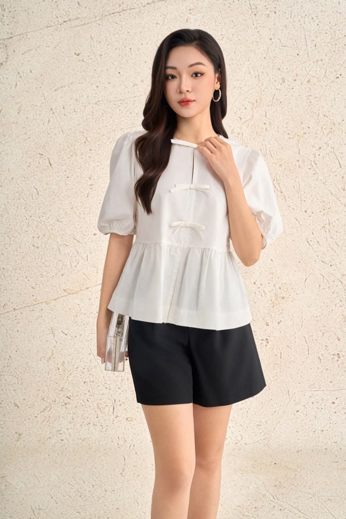 FAS33993 - Áo sơ mi kiểu dạo phố vải thô kate dáng suông cổ tròn tay bồng thân áo đính nơ tạo kiểu gấu áo phối viền thời trang - PANTIO