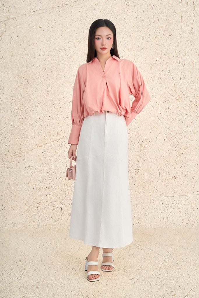 FAS34007 - Áo sơ mi công sở vải thô kate dáng ngắn cổ bẻ tay dài phối măng séc thân áo bo viền tạo kiểu thời trang - PANTIO