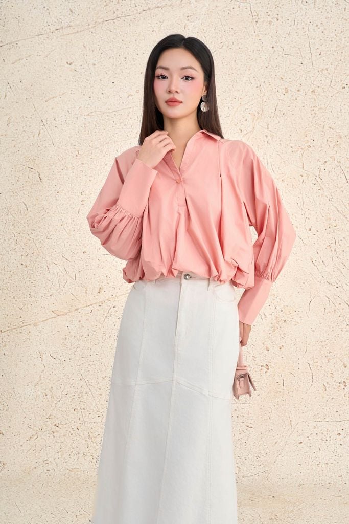 FAS34007 - Áo sơ mi công sở vải thô kate dáng ngắn cổ bẻ tay dài phối măng séc thân áo bo viền tạo kiểu thời trang - PANTIO