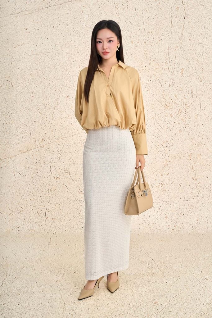 FAS34007 - Áo sơ mi công sở vải thô kate dáng ngắn cổ bẻ tay dài phối măng séc thân áo bo viền tạo kiểu thời trang - PANTIO