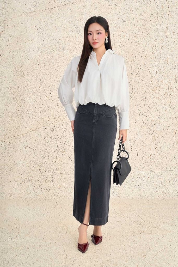 FAS34007 - Áo sơ mi công sở vải thô kate dáng ngắn cổ bẻ tay dài phối măng séc thân áo bo viền tạo kiểu thời trang - PANTIO