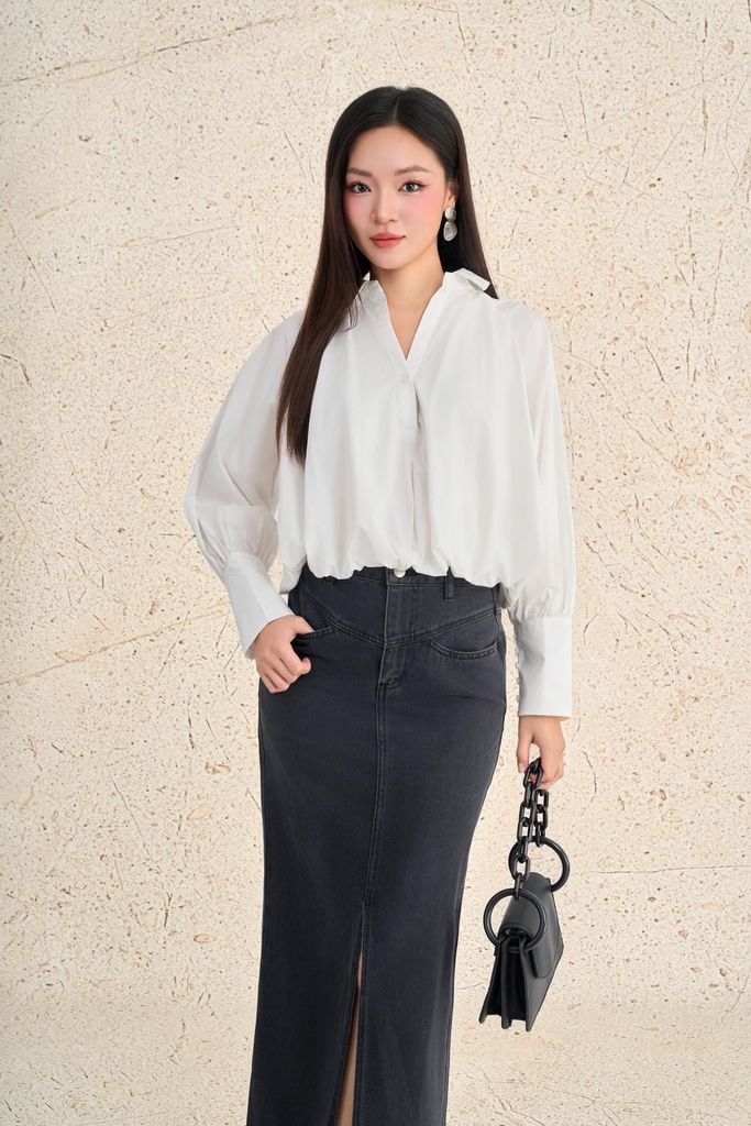 FAS34007 - Áo sơ mi công sở vải thô kate dáng ngắn cổ bẻ tay dài phối măng séc thân áo bo viền tạo kiểu thời trang - PANTIO