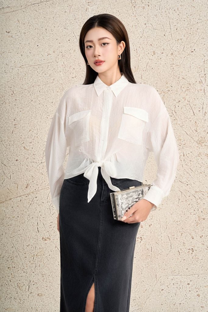 FAS34012 - Áo sơ mi công sở vải tơ dáng suông cổ đức tay dài phối măng sec ngực áo có túi gấu áo phối vạt thắt tạo kiểu - PANTIO