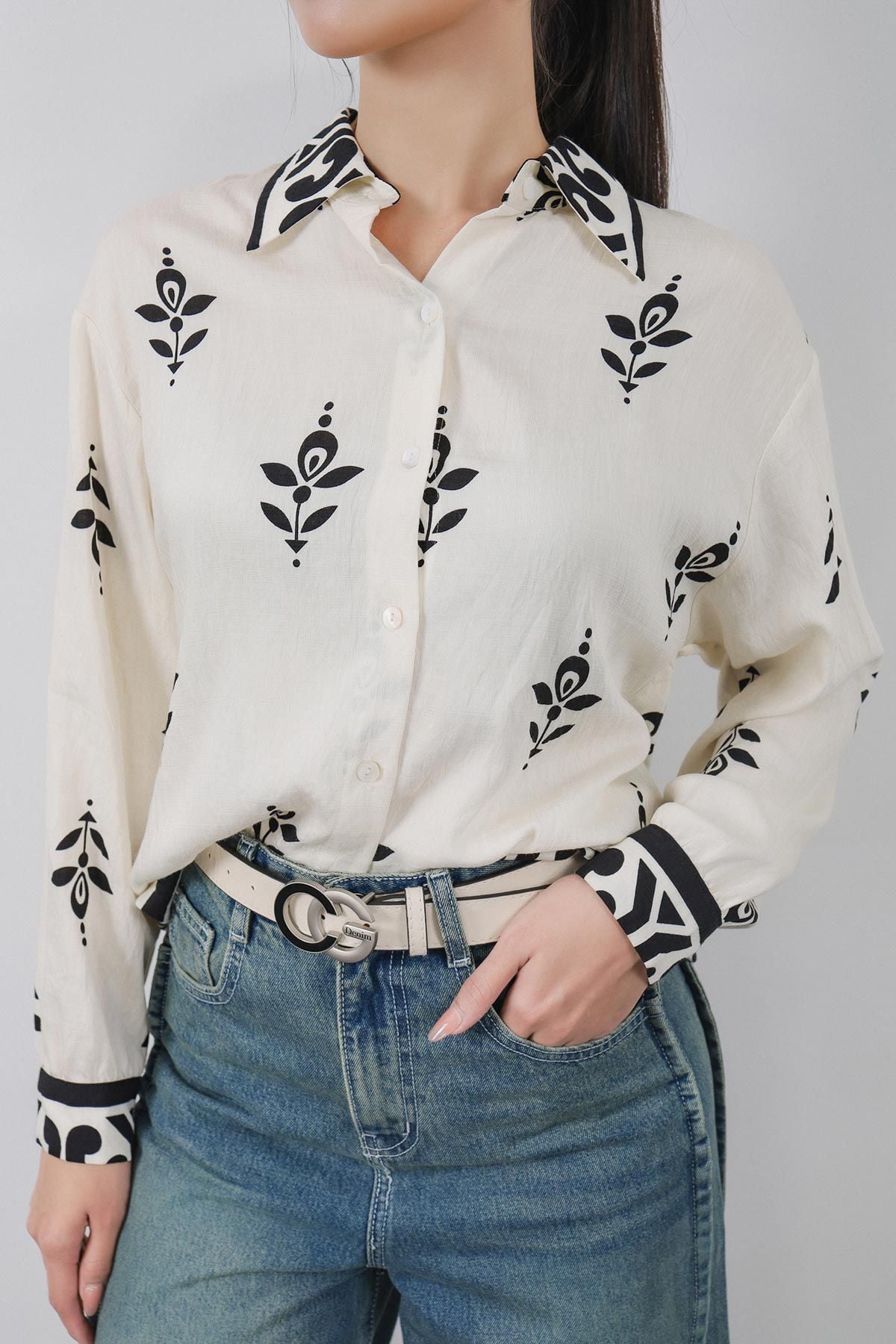 FAS34013 - Áo sơ mi công sở vải thô mỏng in hoạ tiết dáng suông cổ đức tay dài cài khuy trước - PANTIO