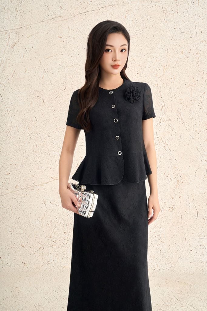 FJD11279 - Chân váy dài công sở vải ren lưới dáng suông hai lớp cạp cao tạo kiểu khoá thân sau - PANTIO