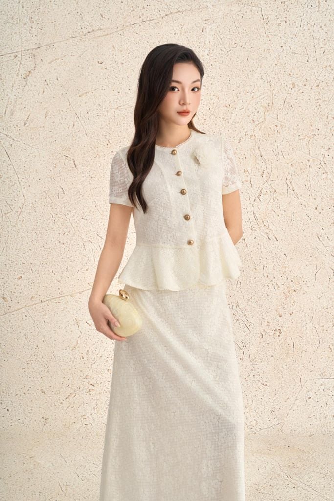 FJD11279 - Chân váy dài công sở vải ren lưới dáng suông hai lớp cạp cao tạo kiểu khoá thân sau - PANTIO