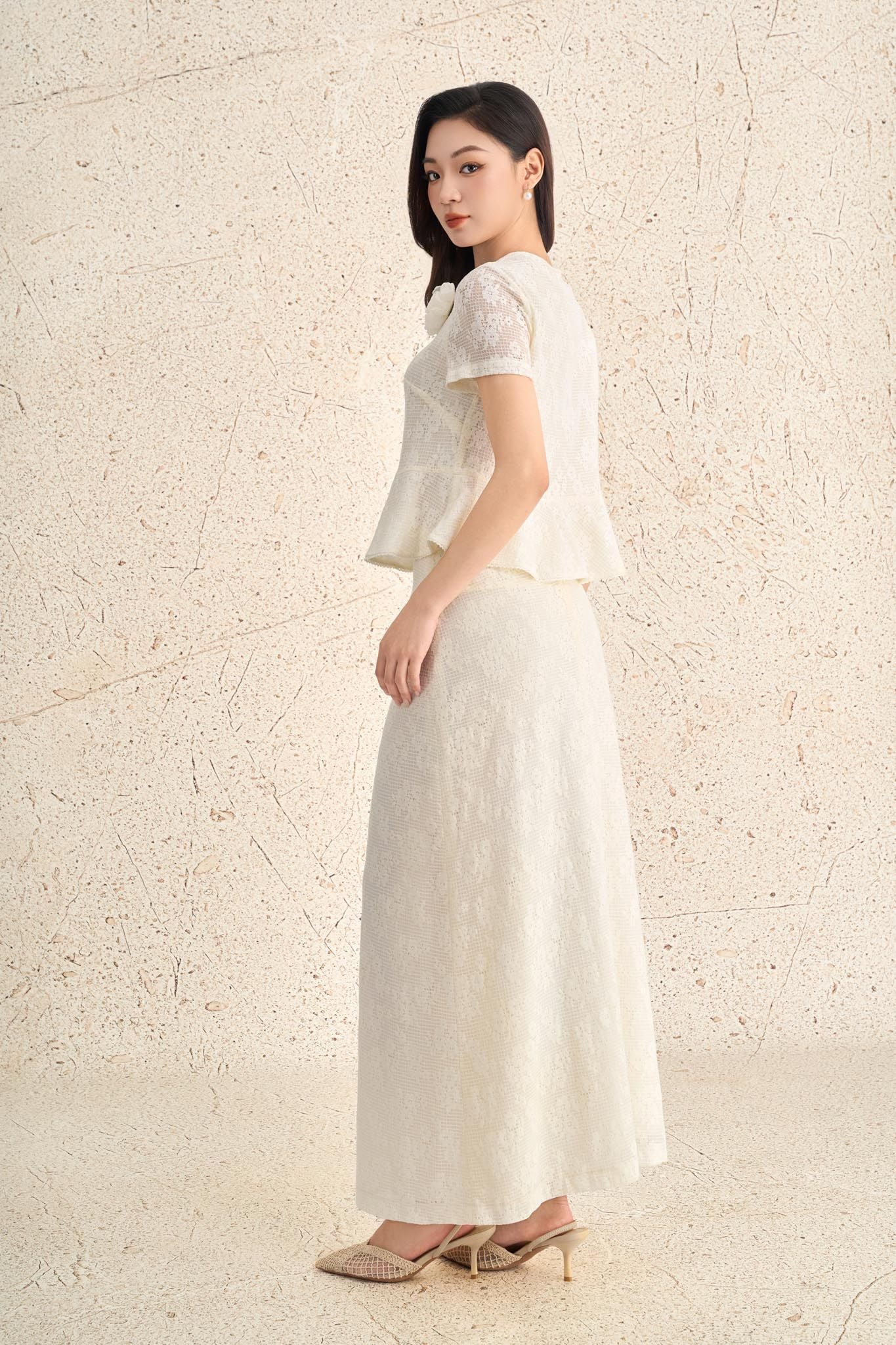 FJD11279 - Chân váy dài công sở vải ren lưới dáng suông hai lớp cạp cao tạo kiểu khoá thân sau - PANTIO