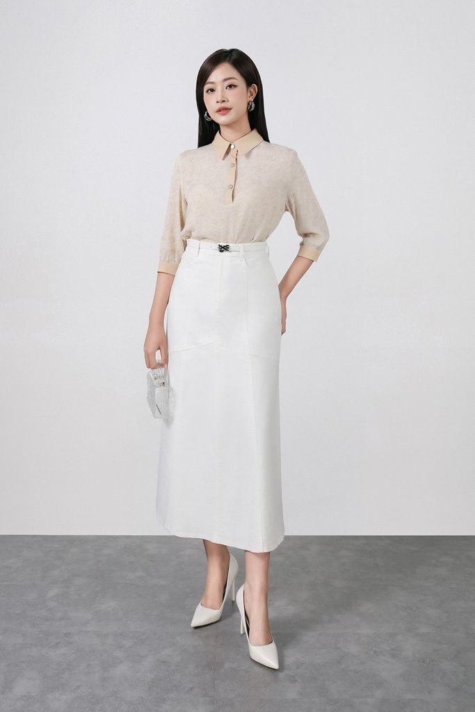 FAS34021 - Áo sơ mi kiểu công sở vải demin dáng suông cổ bẻ phối khuy tạo kiểu tay lửng thời trang - PANTIO