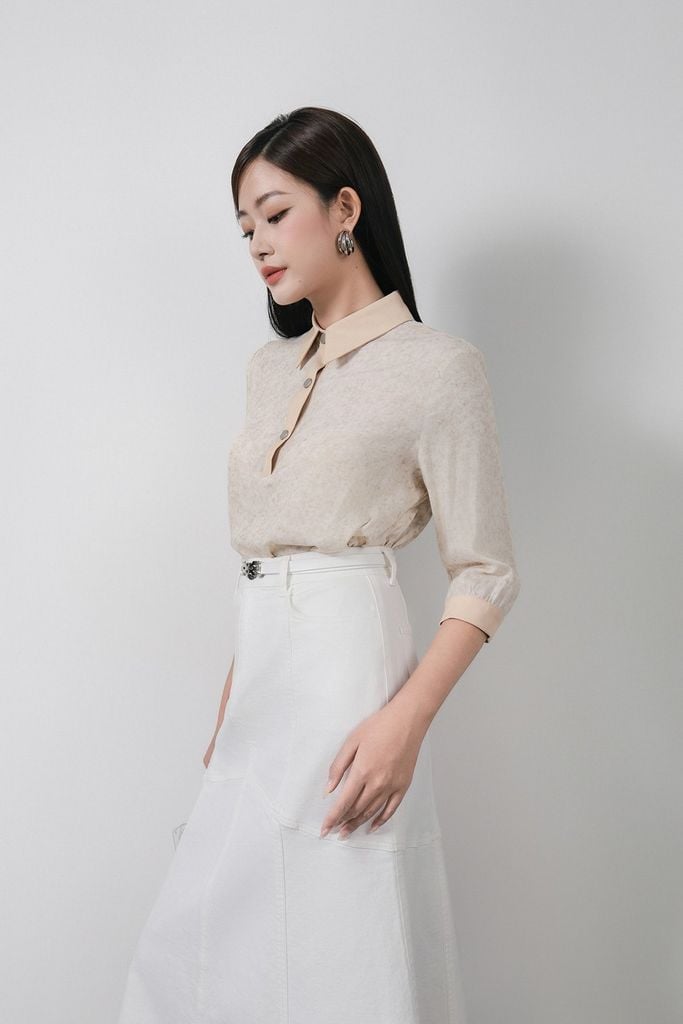 FAS34021 - Áo sơ mi kiểu công sở vải demin dáng suông cổ bẻ phối khuy tạo kiểu tay lửng thời trang - PANTIO