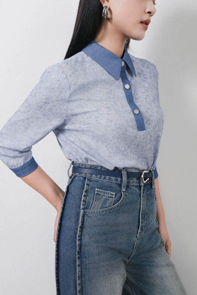 FAS34021 - Áo sơ mi kiểu công sở vải demin dáng suông cổ bẻ phối khuy tạo kiểu tay lửng thời trang - PANTIO