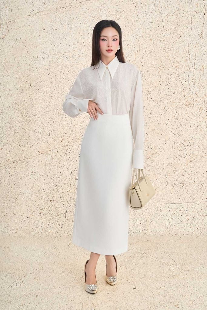 BJD93646 - Chân váy dài công sở vải thô đũi dáng suông cạp liền khóa thân sau - PANTIO