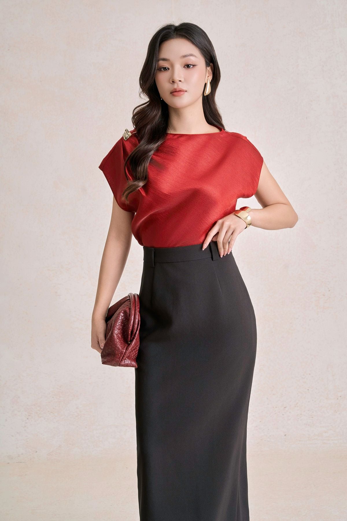 FAS34031 - Áo sơ mi công sở vải tơ dáng suông cổ lệch tạo kiểu tay chờm vai đính đá thời trang - PANTIO