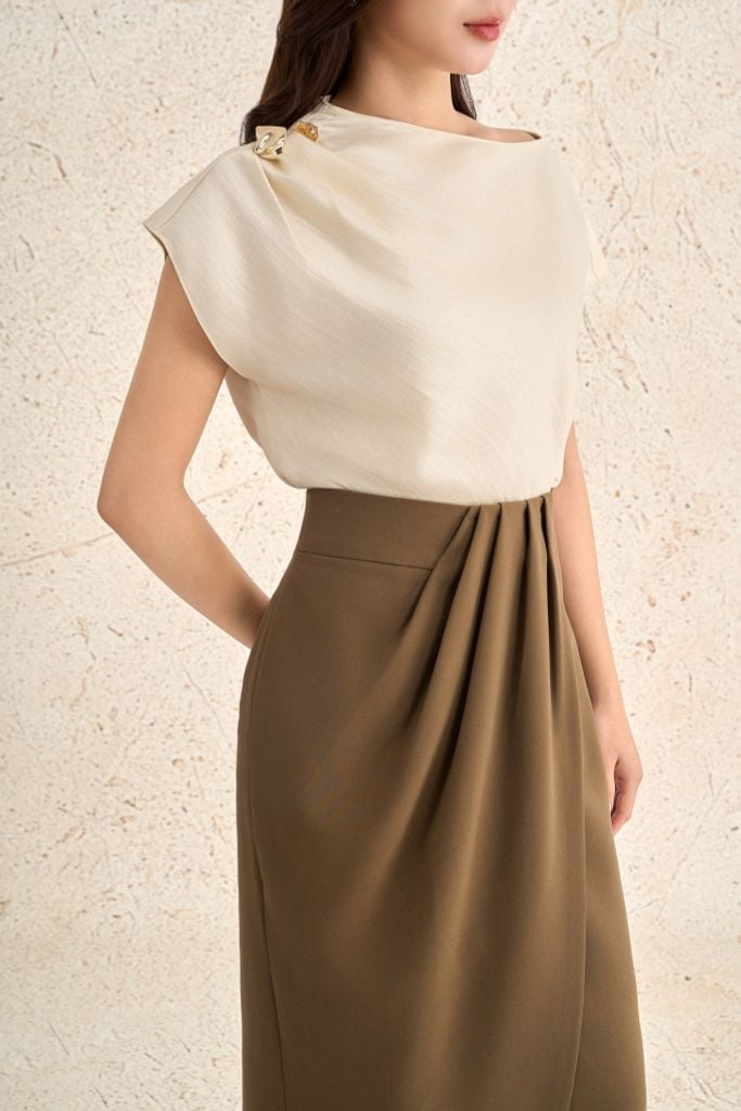 FJD71365 - Chân váy dài công sở vải thô dáng ôm bút chì cạp phối vạt lệch tạo kiểu xẻ tà trước thời trang - PANTIO